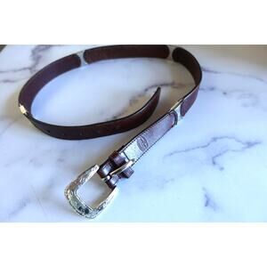 Vintage Fossil Belt Medium Brown Leather Silver Buckle Western Etched Cowboy
